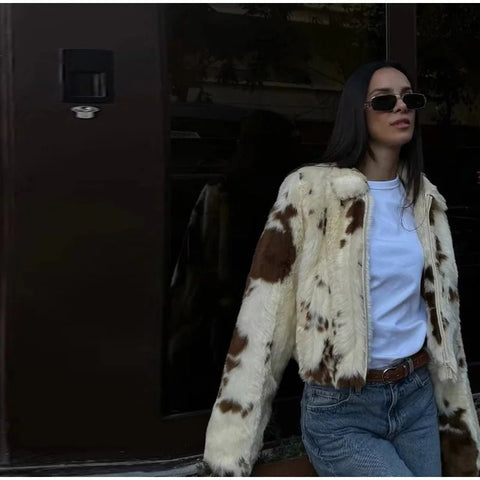 Animal Printed Turn - down Collar Short Jackets Women Fashion Solid Fur Zipper Pockets Coats Female Autumn Winter Chic Casual Coat - American Thistle Animal Printed Turn - down Collar Short Jackets Women Fashion Solid Fur Zipper Pockets Coats Female Autumn Winter Chic Casual Coat