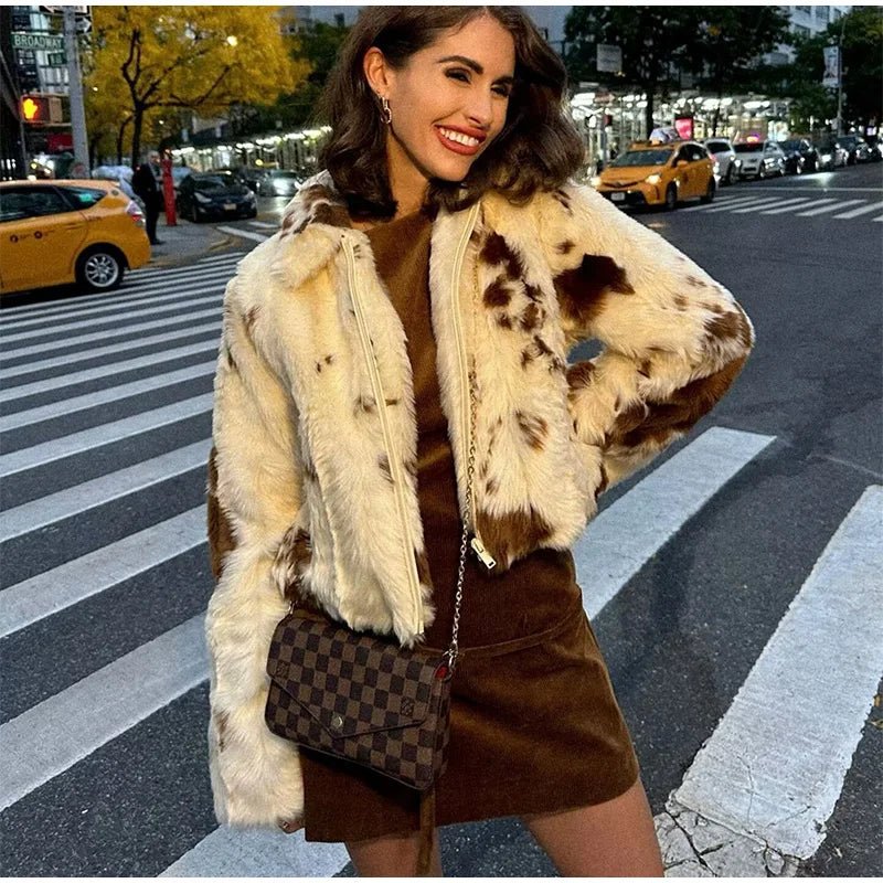 Animal Printed Turn - down Collar Short Jackets Women Fashion Solid Fur Zipper Pockets Coats Female Autumn Winter Chic Casual Coat - American Thistle Animal Printed Turn - down Collar Short Jackets Women Fashion Solid Fur Zipper Pockets Coats Female Autumn Winter Chic Casual Coat