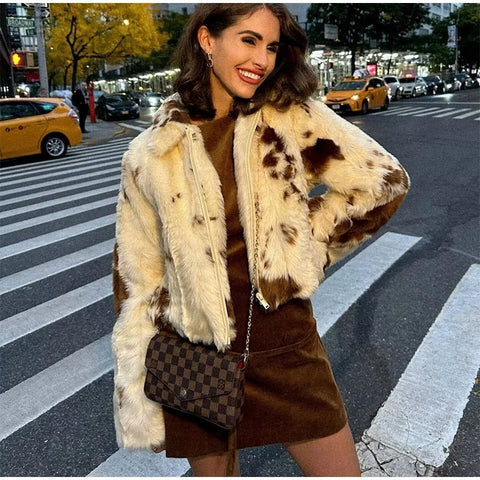 Animal Printed Turn - down Collar Short Jackets Women Fashion Solid Fur Zipper Pockets Coats Female Autumn Winter Chic Casual Coat - American Thistle Animal Printed Turn - down Collar Short Jackets Women Fashion Solid Fur Zipper Pockets Coats Female Autumn Winter Chic Casual Coat