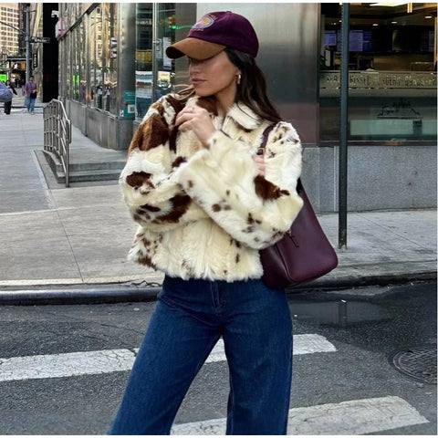 Animal Printed Turn - down Collar Short Jackets Women Fashion Solid Fur Zipper Pockets Coats Female Autumn Winter Chic Casual Coat - American Thistle Animal Printed Turn - down Collar Short Jackets Women Fashion Solid Fur Zipper Pockets Coats Female Autumn Winter Chic Casual Coat