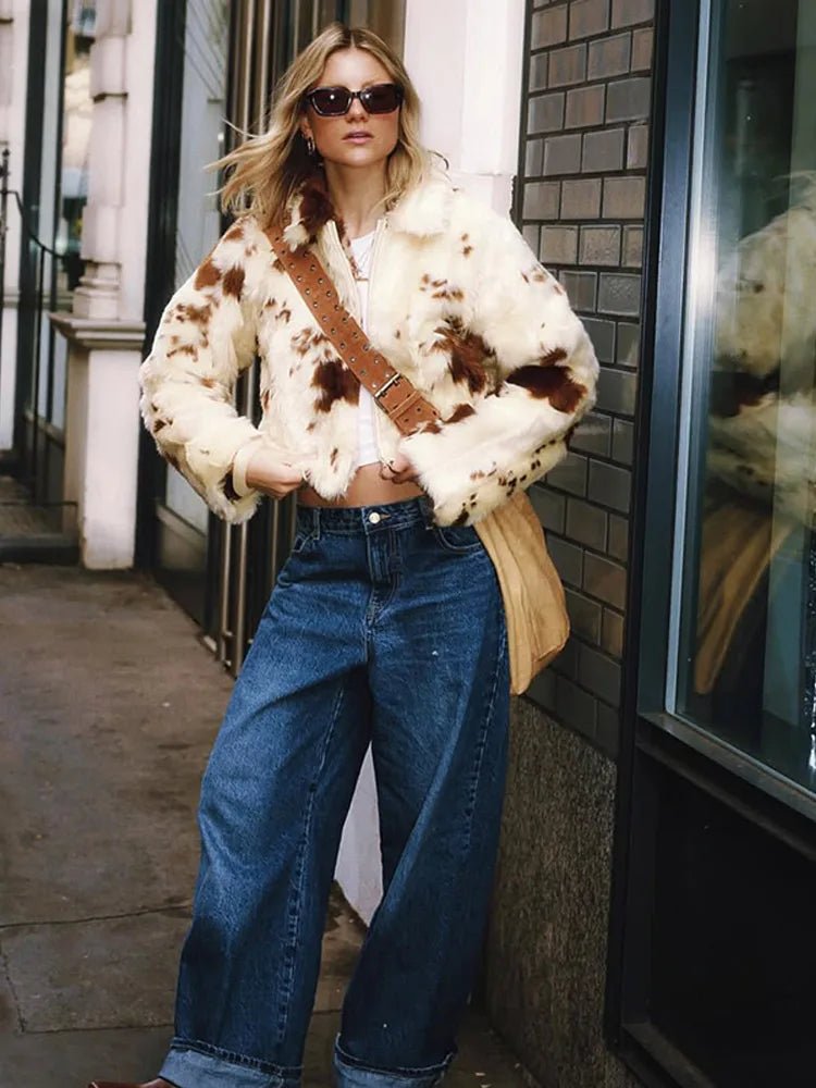 Animal Printed Turn - down Collar Short Jackets Women Fashion Solid Fur Zipper Pockets Coats Female Autumn Winter Chic Casual Coat - American Thistle Animal Printed Turn - down Collar Short Jackets Women Fashion Solid Fur Zipper Pockets Coats Female Autumn Winter Chic Casual Coat