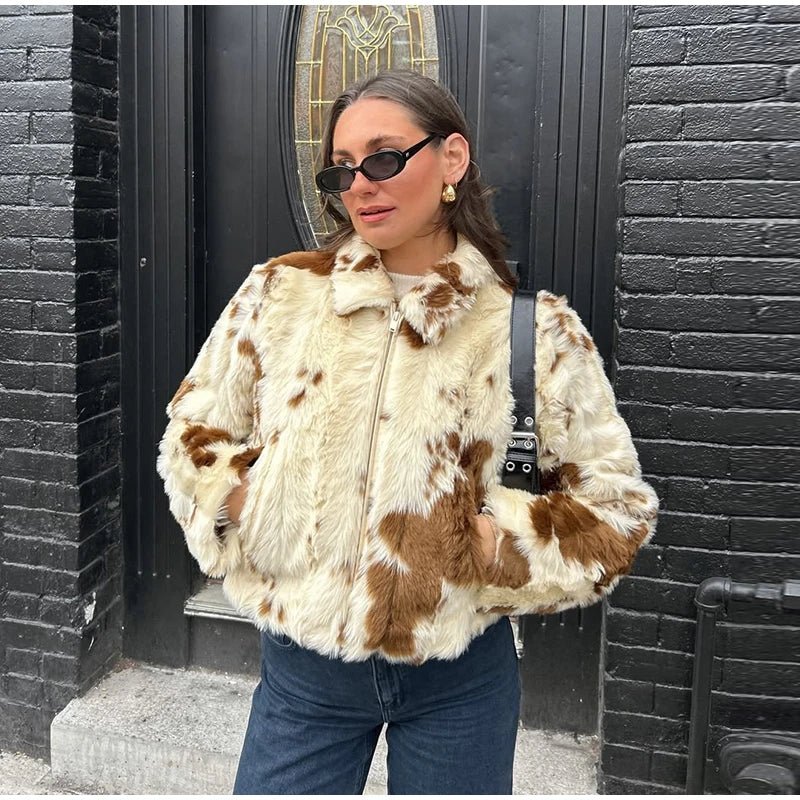 Animal Printed Turn - down Collar Short Jackets Women Fashion Solid Fur Zipper Pockets Coats Female Autumn Winter Chic Casual Coat - American Thistle Animal Printed Turn - down Collar Short Jackets Women Fashion Solid Fur Zipper Pockets Coats Female Autumn Winter Chic Casual Coat
