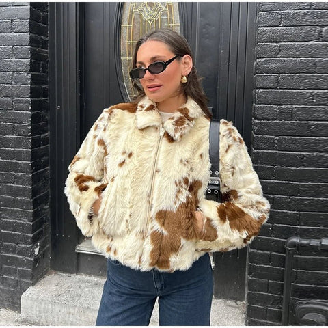 Animal Printed Turn - down Collar Short Jackets Women Fashion Solid Fur Zipper Pockets Coats Female Autumn Winter Chic Casual Coat - American Thistle Animal Printed Turn - down Collar Short Jackets Women Fashion Solid Fur Zipper Pockets Coats Female Autumn Winter Chic Casual Coat