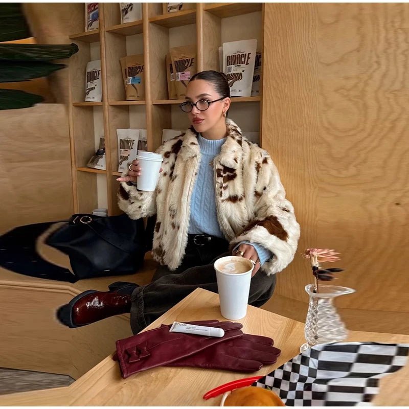 Animal Printed Turn - down Collar Short Jackets Women Fashion Solid Fur Zipper Pockets Coats Female Autumn Winter Chic Casual Coat - American Thistle Animal Printed Turn - down Collar Short Jackets Women Fashion Solid Fur Zipper Pockets Coats Female Autumn Winter Chic Casual Coat