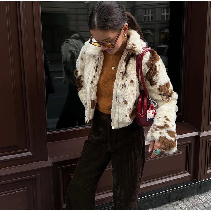 Animal Printed Turn - down Collar Short Jackets Women Fashion Solid Fur Zipper Pockets Coats Female Autumn Winter Chic Casual Coat - American Thistle Animal Printed Turn - down Collar Short Jackets Women Fashion Solid Fur Zipper Pockets Coats Female Autumn Winter Chic Casual Coat