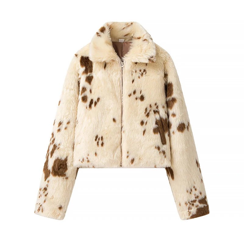 Animal Printed Turn - down Collar Short Jackets Women Fashion Solid Fur Zipper Pockets Coats Female Autumn Winter Chic Casual Coat - American Thistle Animal Printed Turn - down Collar Short Jackets Women Fashion Solid Fur Zipper Pockets Coats Female Autumn Winter Chic Casual Coat