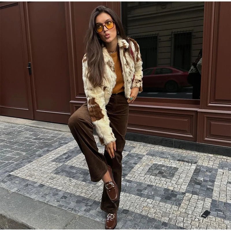 Animal Printed Turn - down Collar Short Jackets Women Fashion Solid Fur Zipper Pockets Coats Female Autumn Winter Chic Casual Coat - American Thistle Animal Printed Turn - down Collar Short Jackets Women Fashion Solid Fur Zipper Pockets Coats Female Autumn Winter Chic Casual Coat