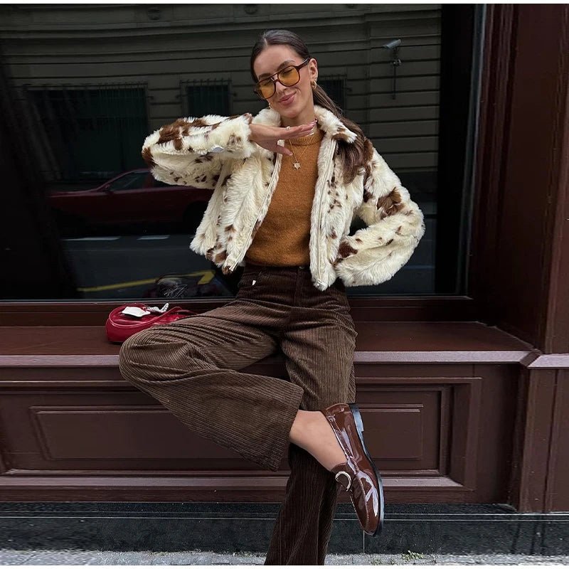 Animal Printed Turn - down Collar Short Jackets Women Fashion Solid Fur Zipper Pockets Coats Female Autumn Winter Chic Casual Coat - American Thistle Animal Printed Turn - down Collar Short Jackets Women Fashion Solid Fur Zipper Pockets Coats Female Autumn Winter Chic Casual Coat