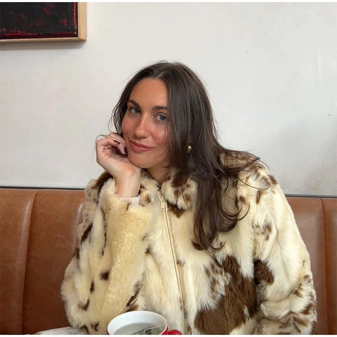 Animal Printed Turn - down Collar Short Jackets Women Fashion Solid Fur Zipper Pockets Coats Female Autumn Winter Chic Casual Coat - American Thistle Animal Printed Turn - down Collar Short Jackets Women Fashion Solid Fur Zipper Pockets Coats Female Autumn Winter Chic Casual Coat