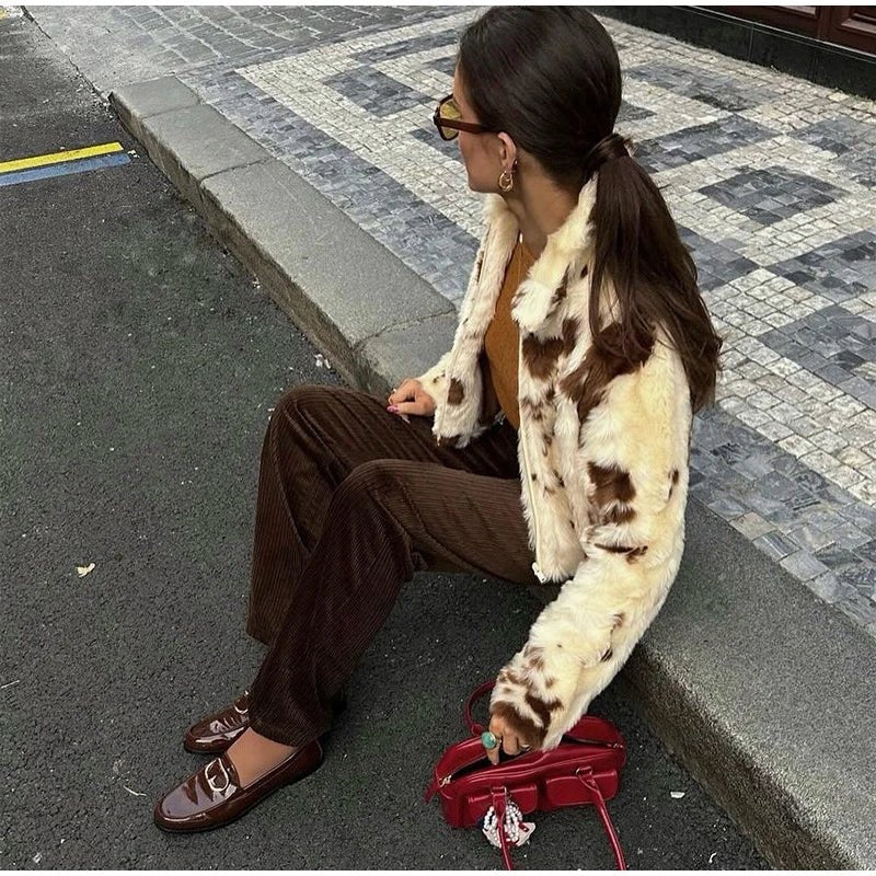 Animal Printed Turn - down Collar Short Jackets Women Fashion Solid Fur Zipper Pockets Coats Female Autumn Winter Chic Casual Coat - American Thistle Animal Printed Turn - down Collar Short Jackets Women Fashion Solid Fur Zipper Pockets Coats Female Autumn Winter Chic Casual Coat