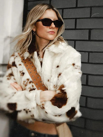 Animal Printed Turn - down Collar Short Jackets Women Fashion Solid Fur Zipper Pockets Coats Female Autumn Winter Chic Casual Coat - American Thistle Animal Printed Turn - down Collar Short Jackets Women Fashion Solid Fur Zipper Pockets Coats Female Autumn Winter Chic Casual Coat