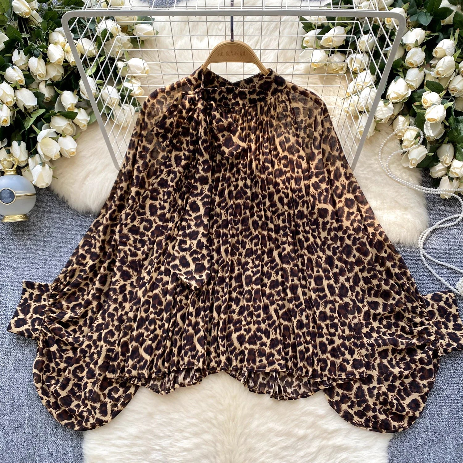 Autumn Chiffon Leopard Print Blouse Women Bow Neck Long Sleeves - American Thistle Autumn Chiffon Leopard Print Blouse Women Bow Neck Long Sleeves