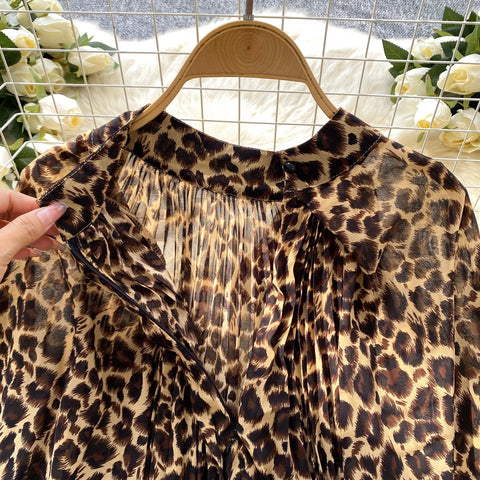 Autumn Chiffon Leopard Print Blouse Women Bow Neck Long Sleeves - American Thistle Autumn Chiffon Leopard Print Blouse Women Bow Neck Long Sleeves