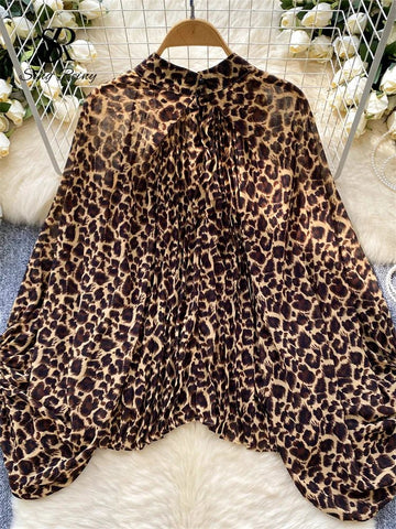 Autumn Chiffon Leopard Print Blouse Women Bow Neck Long Sleeves - American Thistle Autumn Chiffon Leopard Print Blouse Women Bow Neck Long Sleeves