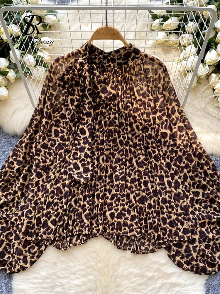 Autumn Chiffon Leopard Print Blouse Women Bow Neck Long Sleeves - American Thistle Autumn Chiffon Leopard Print Blouse Women Bow Neck Long Sleeves