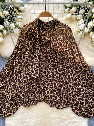 Autumn Chiffon Leopard Print Blouse Women Bow Neck Long Sleeves - American Thistle Autumn Chiffon Leopard Print Blouse Women Bow Neck Long Sleeves