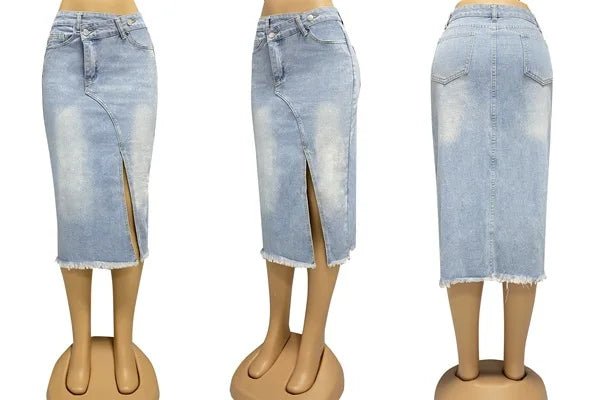 Autumn New American Retro Denim Skirt Women's Fashionable Split Stitching Mid - length Women's A - Line Skirt - American ThistleAutumn New American Retro Denim Skirt Women's Fashionable Split Stitching Mid - length Women's A - Line Skirt