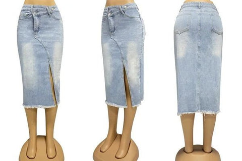Autumn New American Retro Denim Skirt Women's Fashionable Split Stitching Mid - length Women's A - Line Skirt - American ThistleAutumn New American Retro Denim Skirt Women's Fashionable Split Stitching Mid - length Women's A - Line Skirt