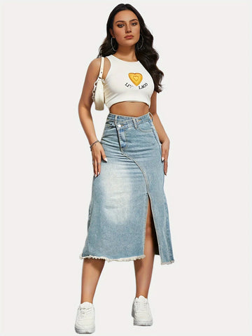 Autumn New American Retro Denim Skirt Women's Fashionable Split Stitching Mid - length Women's A - Line Skirt - American ThistleAutumn New American Retro Denim Skirt Women's Fashionable Split Stitching Mid - length Women's A - Line Skirt