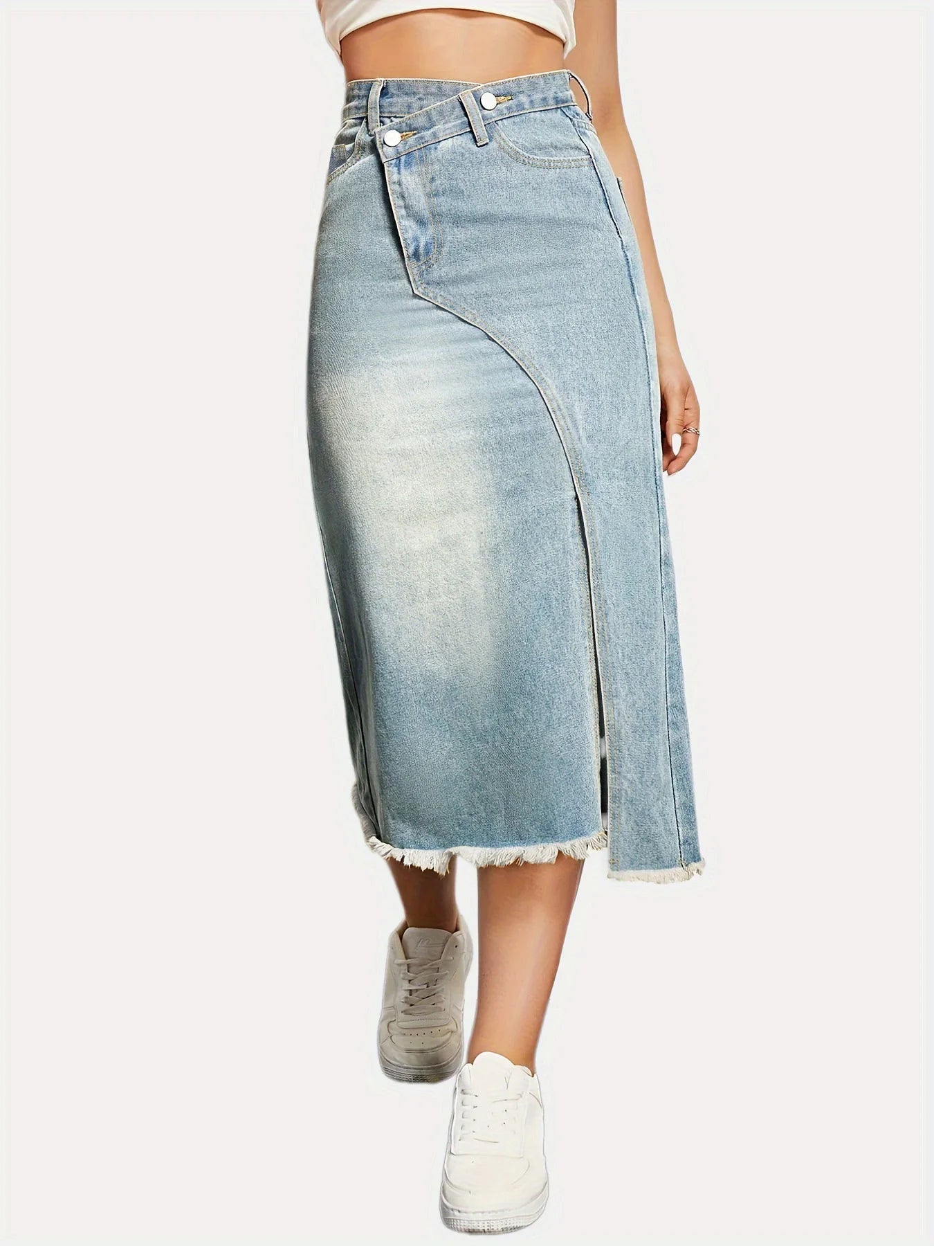 Autumn New American Retro Denim Skirt Women's Fashionable Split Stitching Mid - length Women's A - Line Skirt - American ThistleAutumn New American Retro Denim Skirt Women's Fashionable Split Stitching Mid - length Women's A - Line Skirt