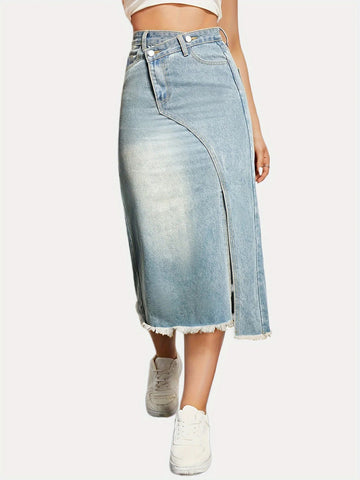 Autumn New American Retro Denim Skirt Women's Fashionable Split Stitching Mid - length Women's A - Line Skirt - American ThistleAutumn New American Retro Denim Skirt Women's Fashionable Split Stitching Mid - length Women's A - Line Skirt