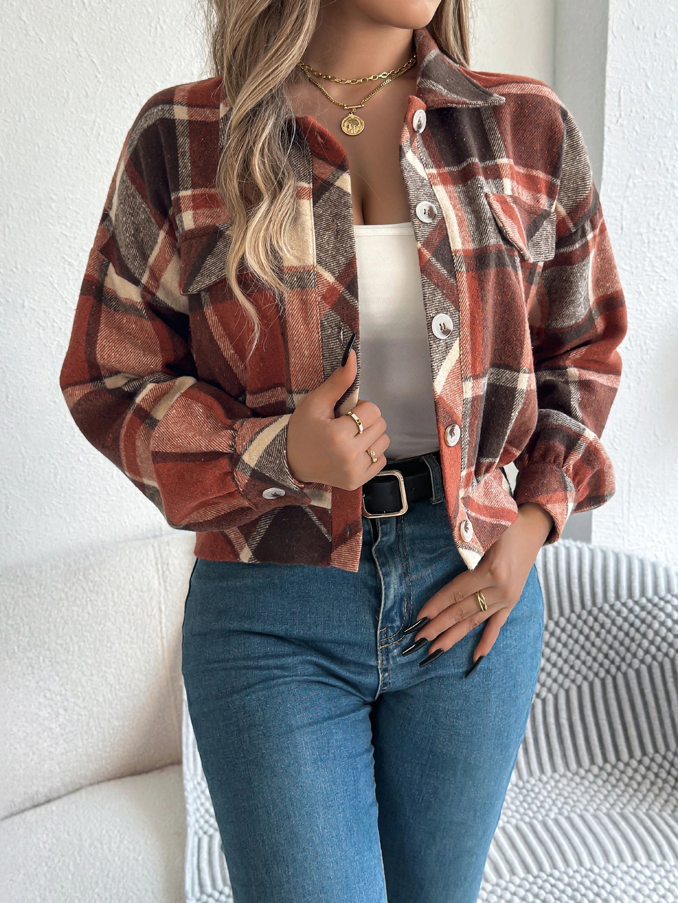 Autumn Winter Plaid Short Coat Lantern Long Sleeve Turn - Down Collar Button Woolen Jacket Women Clothes - American ThistleAutumn Winter Plaid Short Coat Lantern Long Sleeve Turn - Down Collar Button Woolen Jacket Women Clothes