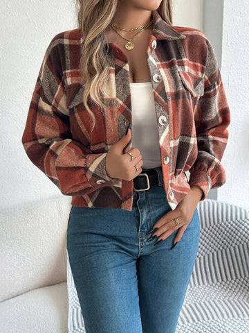 Autumn Winter Plaid Short Coat Lantern Long Sleeve Turn - Down Collar Button Woolen Jacket Women Clothes - American ThistleAutumn Winter Plaid Short Coat Lantern Long Sleeve Turn - Down Collar Button Woolen Jacket Women Clothes