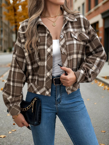 Autumn Winter Plaid Short Coat Lantern Long Sleeve Turn - Down Collar Button Woolen Jacket Women Clothes - American ThistleAutumn Winter Plaid Short Coat Lantern Long Sleeve Turn - Down Collar Button Woolen Jacket Women Clothes