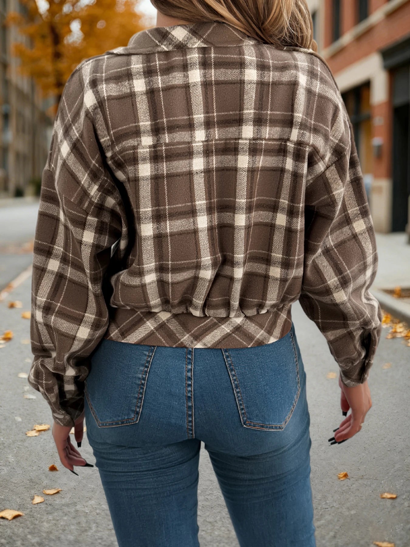 Autumn Winter Plaid Short Coat Lantern Long Sleeve Turn - Down Collar Button Woolen Jacket Women Clothes - American ThistleAutumn Winter Plaid Short Coat Lantern Long Sleeve Turn - Down Collar Button Woolen Jacket Women Clothes