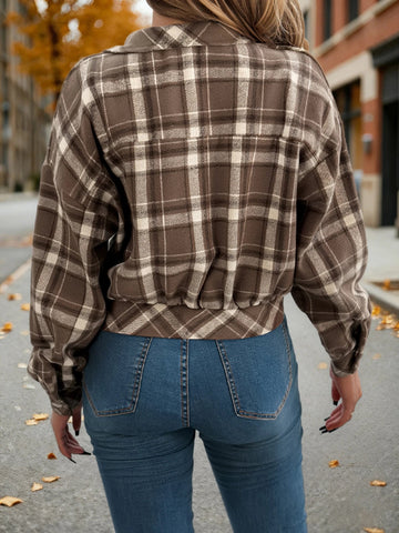 Autumn Winter Plaid Short Coat Lantern Long Sleeve Turn - Down Collar Button Woolen Jacket Women Clothes - American ThistleAutumn Winter Plaid Short Coat Lantern Long Sleeve Turn - Down Collar Button Woolen Jacket Women Clothes