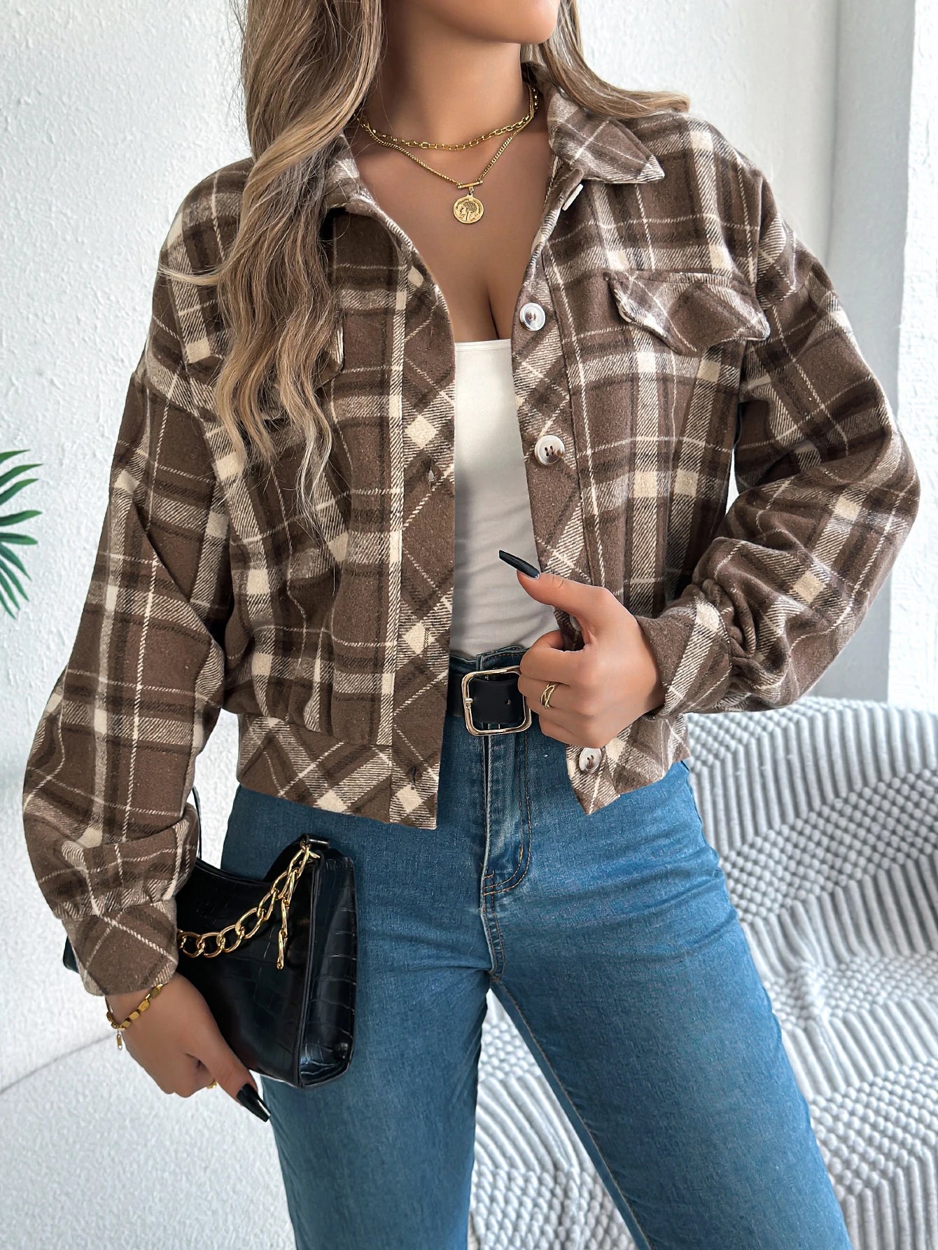 Autumn Winter Plaid Short Coat Lantern Long Sleeve Turn - Down Collar Button Woolen Jacket Women Clothes - American ThistleAutumn Winter Plaid Short Coat Lantern Long Sleeve Turn - Down Collar Button Woolen Jacket Women Clothes