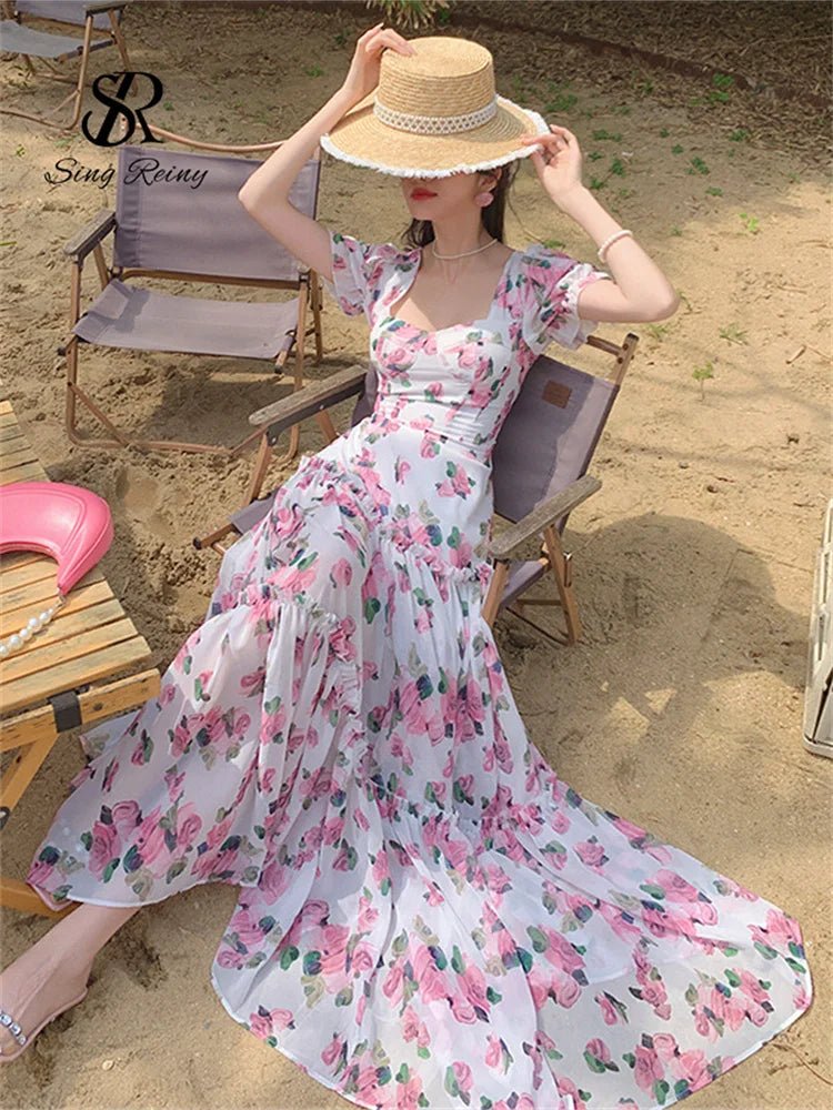 Beach Vacation Floral Print Dress Women Backless Lace Up Cross Back - American Thistle Beach Vacation Floral Print Dress Women Backless Lace Up Cross Back