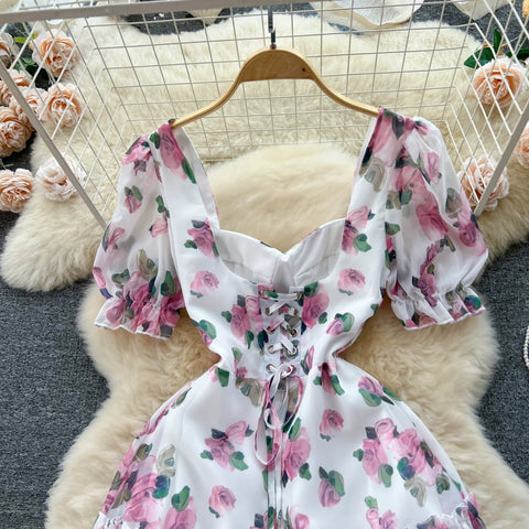 Beach Vacation Floral Print Dress Women Backless Lace Up Cross Back - American Thistle Beach Vacation Floral Print Dress Women Backless Lace Up Cross Back