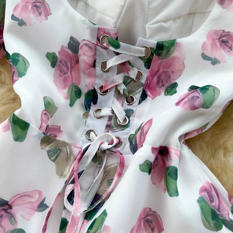 Beach Vacation Floral Print Dress Women Backless Lace Up Cross Back - American Thistle Beach Vacation Floral Print Dress Women Backless Lace Up Cross Back