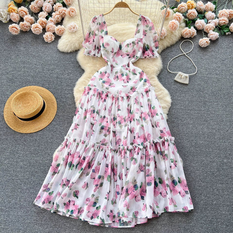 Beach Vacation Floral Print Dress Women Backless Lace Up Cross Back - American Thistle Beach Vacation Floral Print Dress Women Backless Lace Up Cross Back