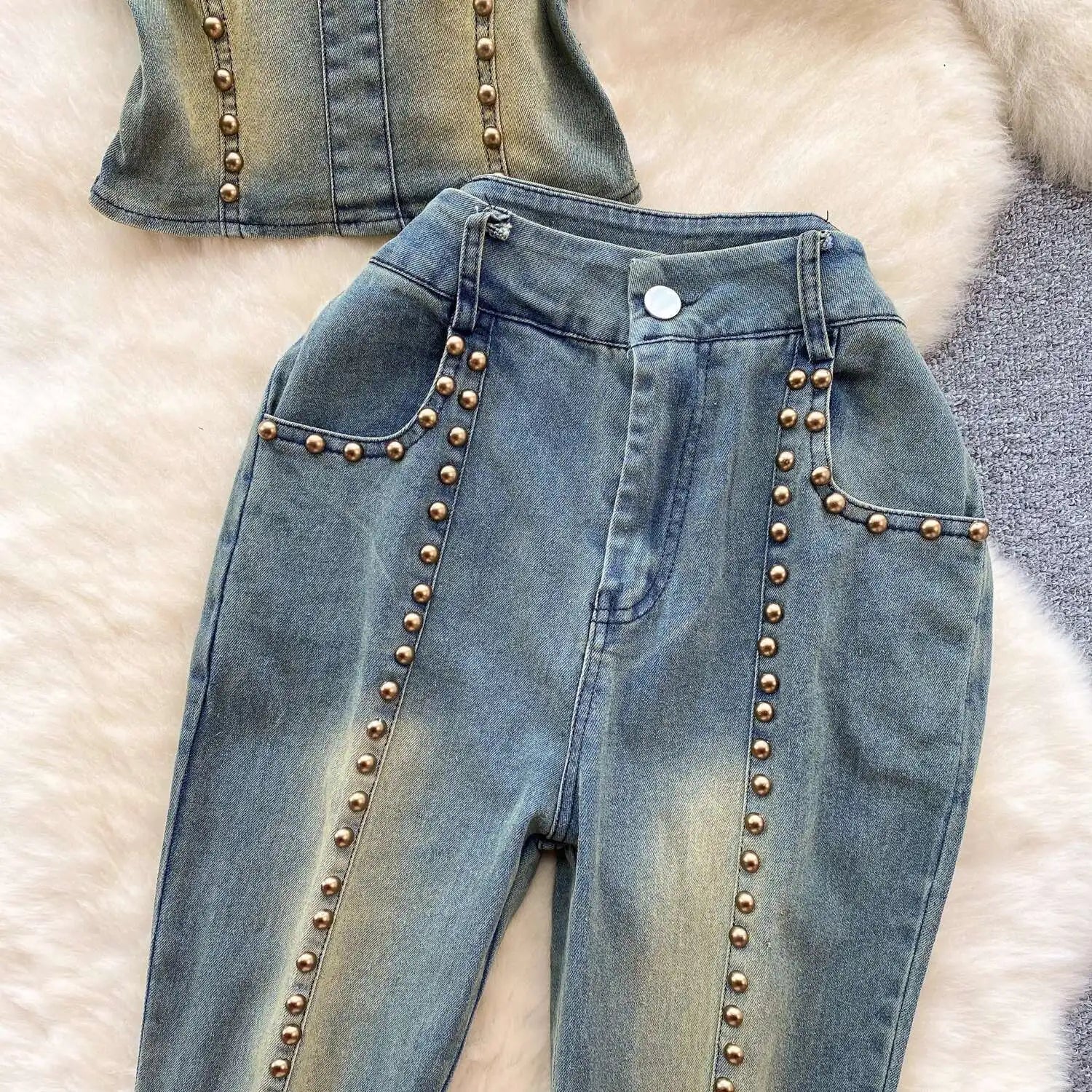 Beading Blue Denim 2 Piece Set Women Vintage Sleeveless Tops with High Waist - American Thistle Beading Blue Denim 2 Piece Set Women Vintage Sleeveless Tops with High Waist