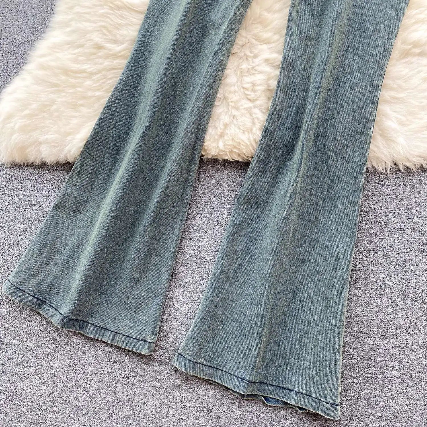 Beading Blue Denim 2 Piece Set Women Vintage Sleeveless Tops with High Waist - American Thistle Beading Blue Denim 2 Piece Set Women Vintage Sleeveless Tops with High Waist