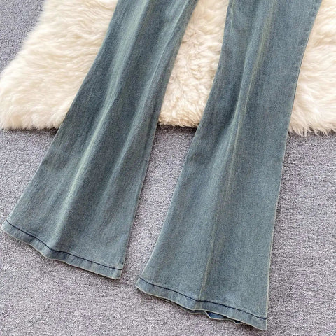 Beading Blue Denim 2 Piece Set Women Vintage Sleeveless Tops with High Waist - American Thistle Beading Blue Denim 2 Piece Set Women Vintage Sleeveless Tops with High Waist