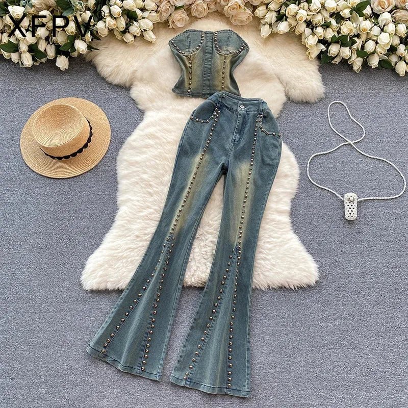 Beading Blue Denim 2 Piece Set Women Vintage Sleeveless Tops with High Waist - American Thistle Beading Blue Denim 2 Piece Set Women Vintage Sleeveless Tops with High Waist