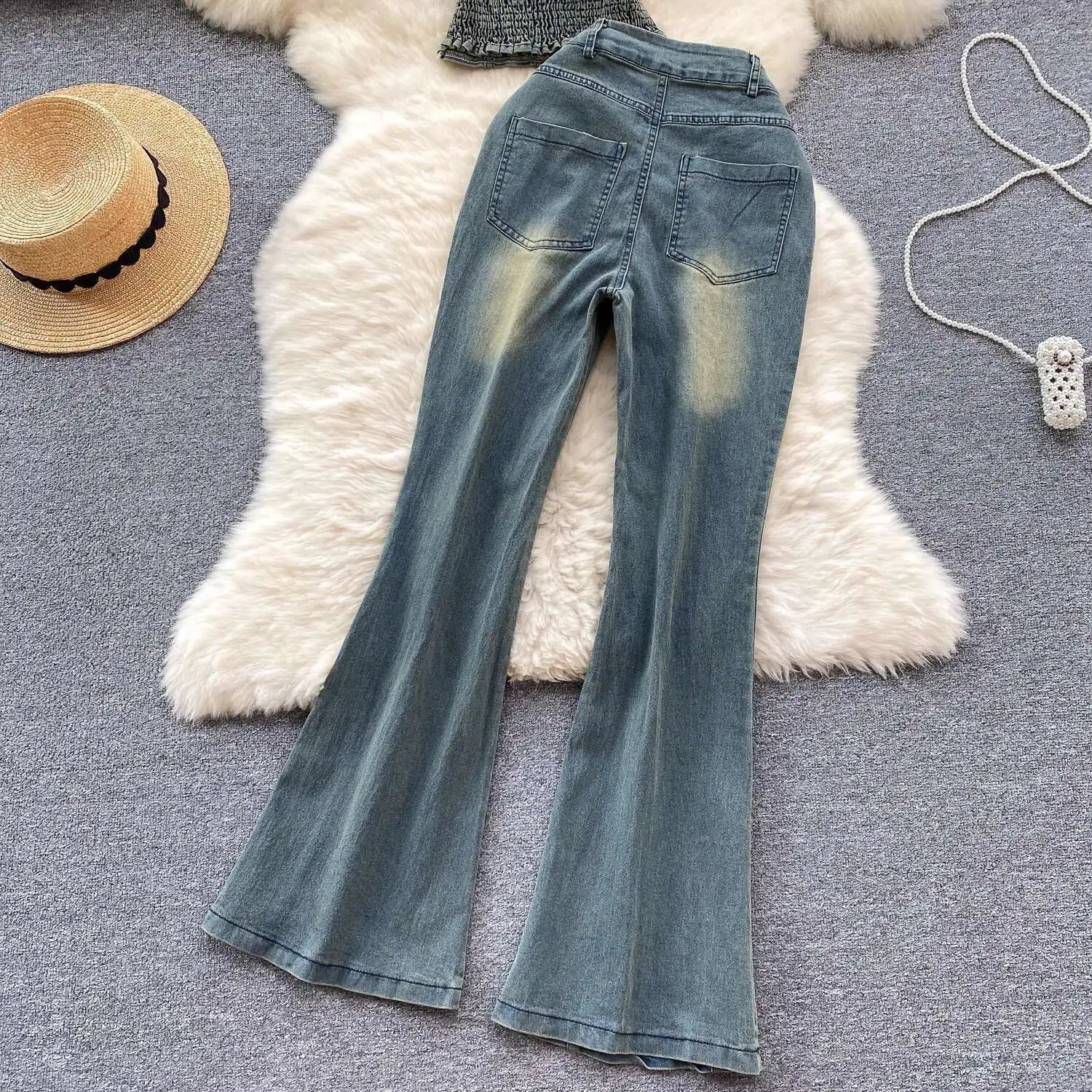 Beading Blue Denim 2 Piece Set Women Vintage Sleeveless Tops with High Waist - American Thistle Beading Blue Denim 2 Piece Set Women Vintage Sleeveless Tops with High Waist