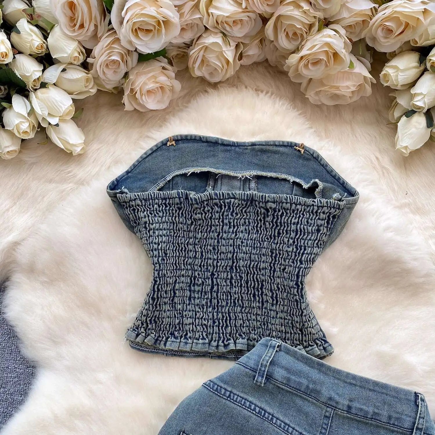 Beading Blue Denim 2 Piece Set Women Vintage Sleeveless Tops with High Waist - American Thistle Beading Blue Denim 2 Piece Set Women Vintage Sleeveless Tops with High Waist