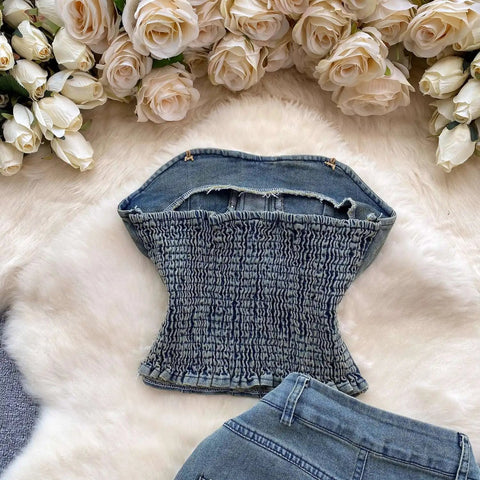 Beading Blue Denim 2 Piece Set Women Vintage Sleeveless Tops with High Waist - American Thistle Beading Blue Denim 2 Piece Set Women Vintage Sleeveless Tops with High Waist