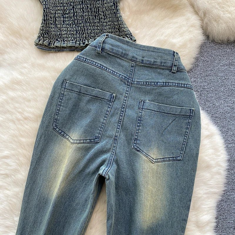 Beading Blue Denim 2 Piece Set Women Vintage Sleeveless Tops with High Waist - American Thistle Beading Blue Denim 2 Piece Set Women Vintage Sleeveless Tops with High Waist