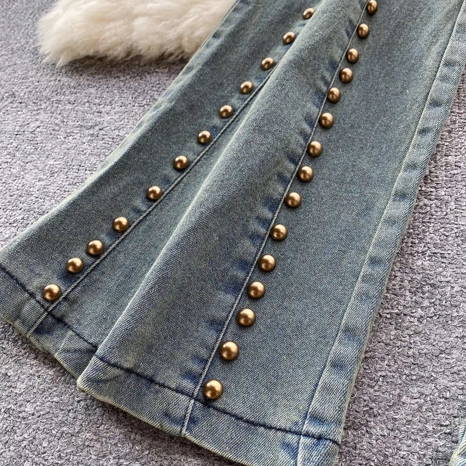 Beading Blue Denim 2 Piece Set Women Vintage Sleeveless Tops with High Waist - American Thistle Beading Blue Denim 2 Piece Set Women Vintage Sleeveless Tops with High Waist