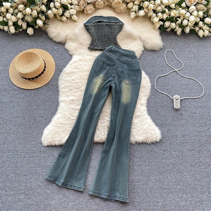 Beading Blue Denim 2 Piece Set Women Vintage Sleeveless Tops with High Waist - American Thistle Beading Blue Denim 2 Piece Set Women Vintage Sleeveless Tops with High Waist