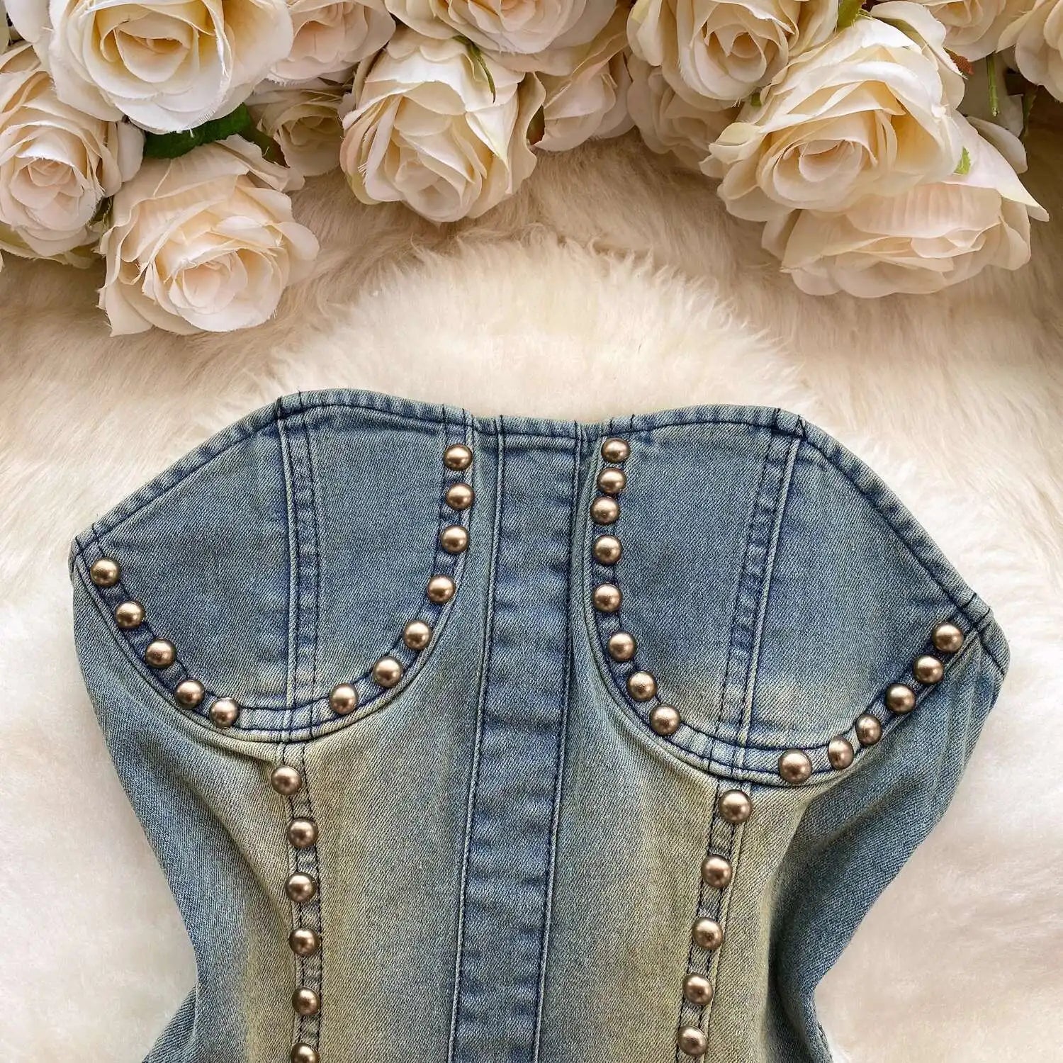 Beading Blue Denim 2 Piece Set Women Vintage Sleeveless Tops with High Waist - American Thistle Beading Blue Denim 2 Piece Set Women Vintage Sleeveless Tops with High Waist