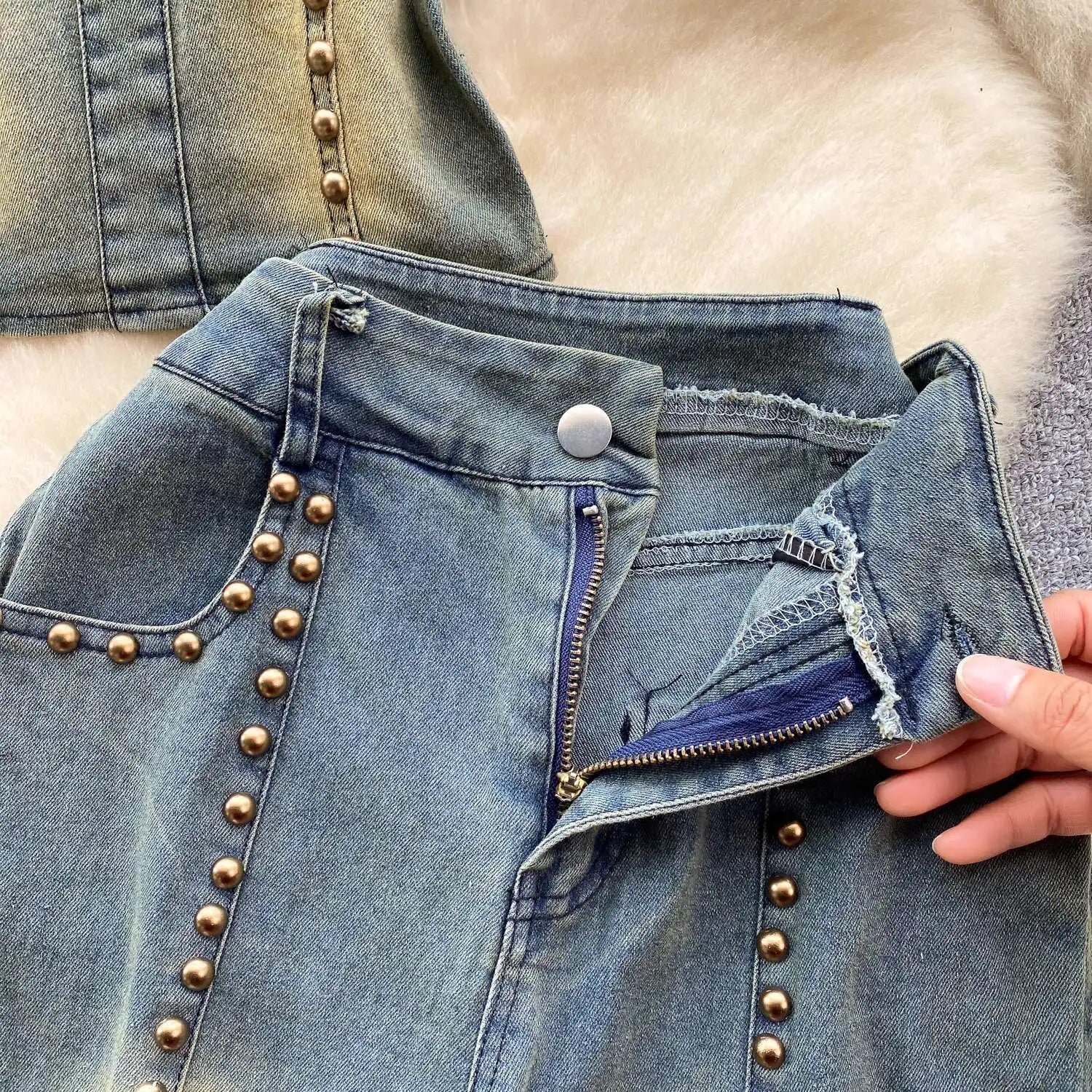 Beading Blue Denim 2 Piece Set Women Vintage Sleeveless Tops with High Waist - American Thistle Beading Blue Denim 2 Piece Set Women Vintage Sleeveless Tops with High Waist