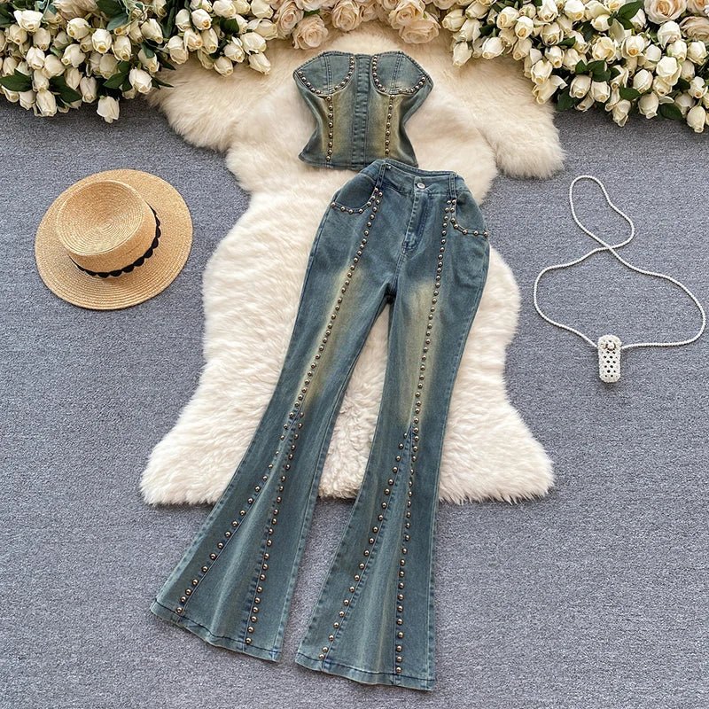 Beading Blue Denim 2 Piece Set Women Vintage Sleeveless Tops with High Waist - American Thistle Beading Blue Denim 2 Piece Set Women Vintage Sleeveless Tops with High Waist