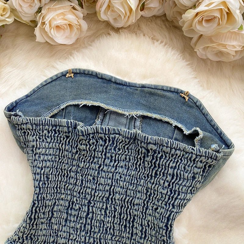Beading Blue Denim 2 Piece Set Women Vintage Sleeveless Tops with High Waist - American Thistle Beading Blue Denim 2 Piece Set Women Vintage Sleeveless Tops with High Waist