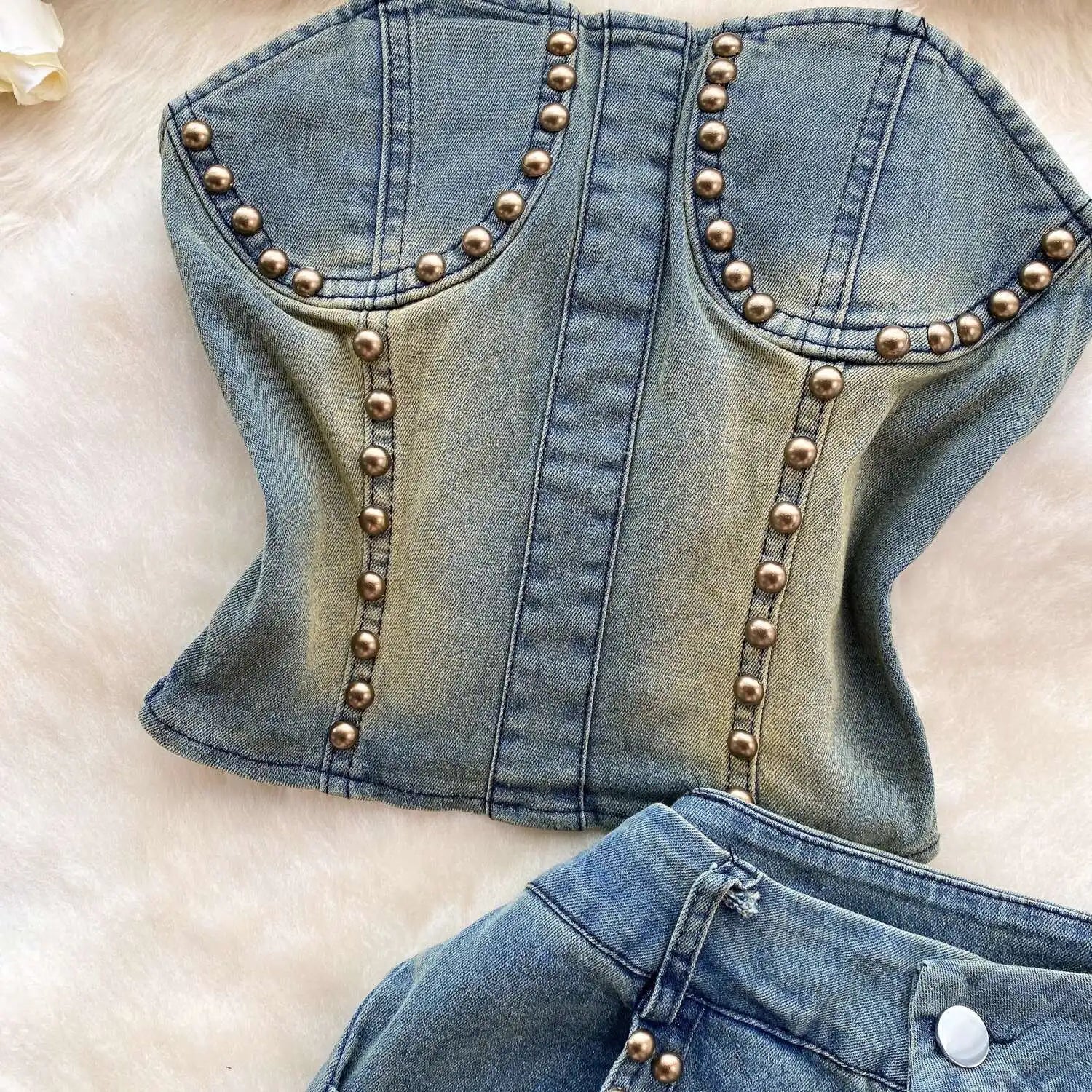 Beading Blue Denim 2 Piece Set Women Vintage Sleeveless Tops with High Waist - American Thistle Beading Blue Denim 2 Piece Set Women Vintage Sleeveless Tops with High Waist